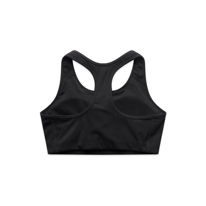 A black athletic bra top with a racerback design and a logo on the back.