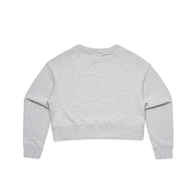 A grey cropped jumper with long sleeves and a ribbed hem, featuring a logo on the back.