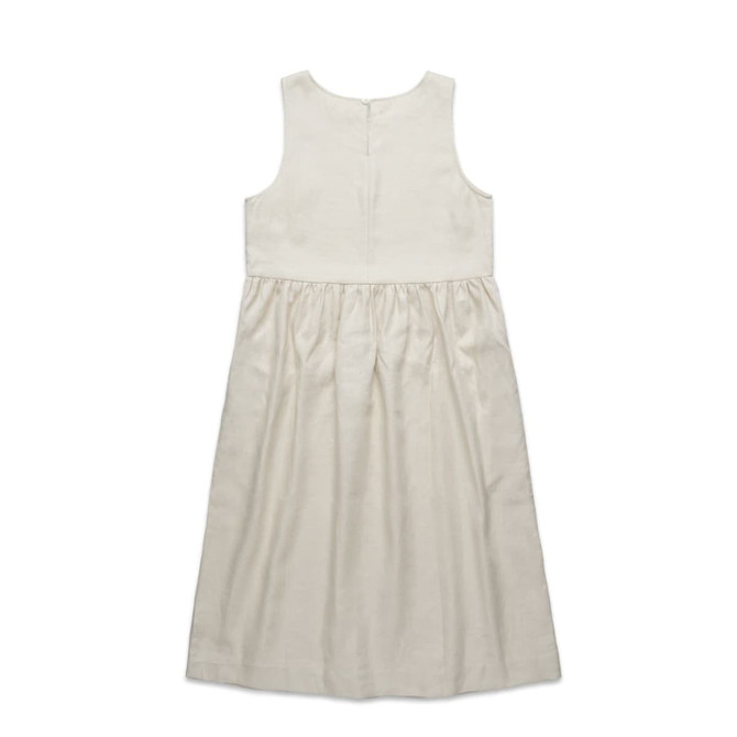 A linen dress in a soft cream colour, featuring a sleeveless design and gathered skirt. It has a back zipper.