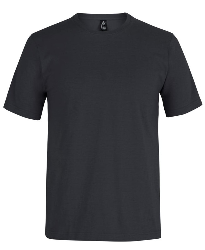 A black t-shirt with a crew neck and short sleeves, featuring a logo at the collar.