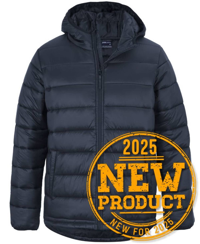 A black hooded puffer jacket with a zip front and a logo on the chest.