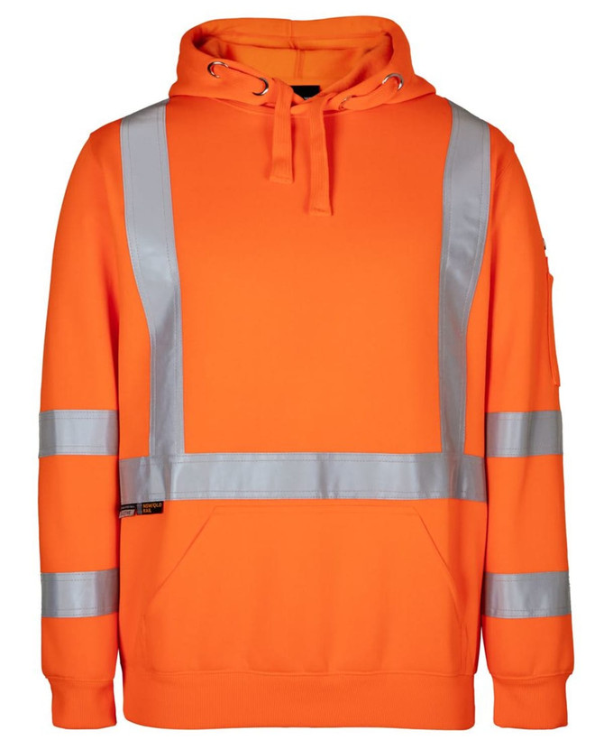 An orange hoodie with reflective stripes and a logo, designed for workwear.