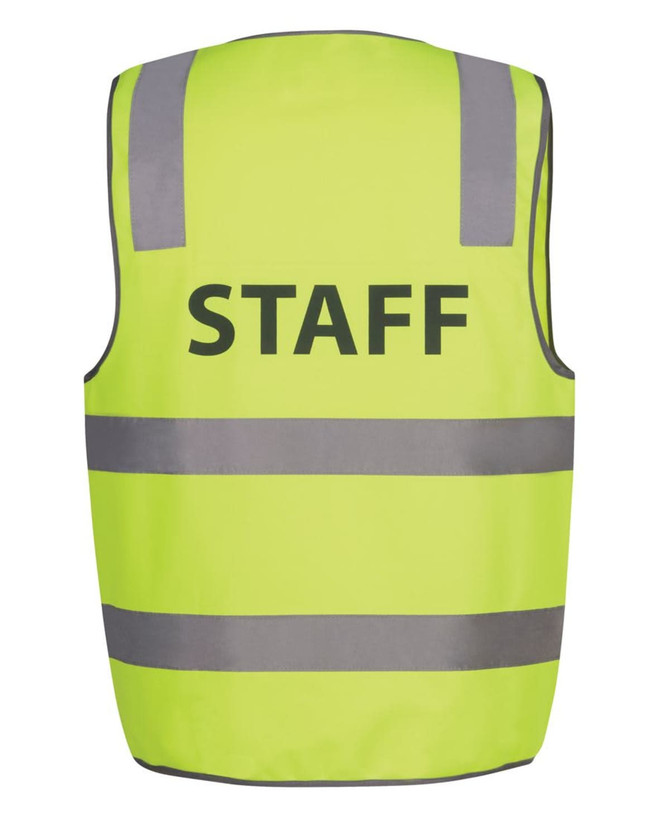 A lime safety vest featuring reflective stripes and a logo, designed for staff identification.