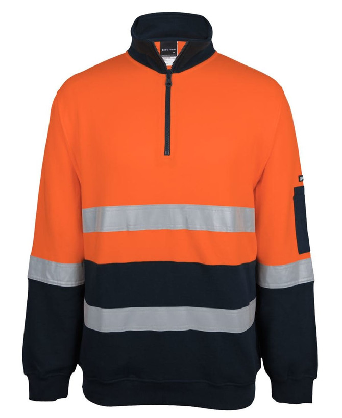 A bright orange and navy fleece jumper featuring a half-zip design and reflective stripes. It includes a logo on the sleeve.