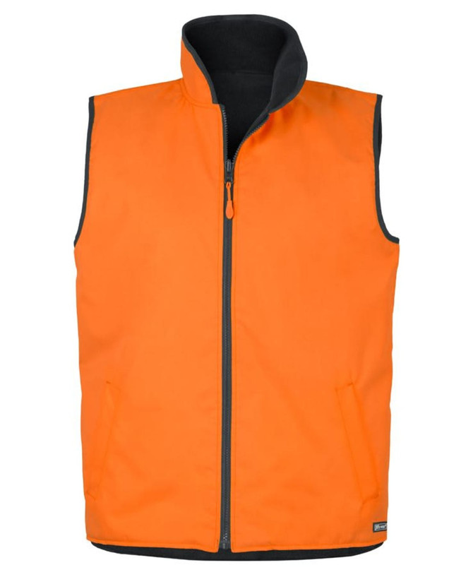 An orange reversible vest with a black interior, featuring a front zip and side pockets. It has a logo on it.