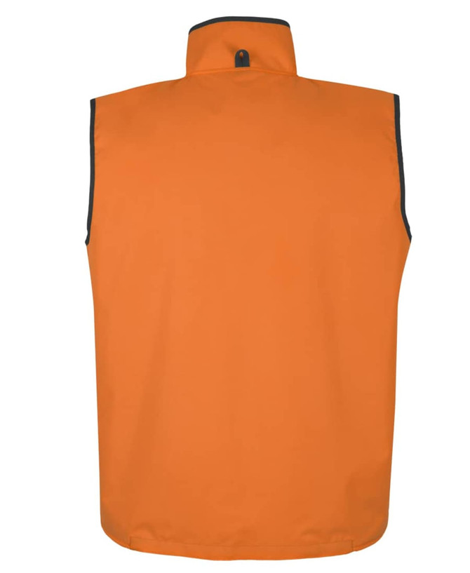 An orange reversible vest with a high collar and a branding logo on the back.