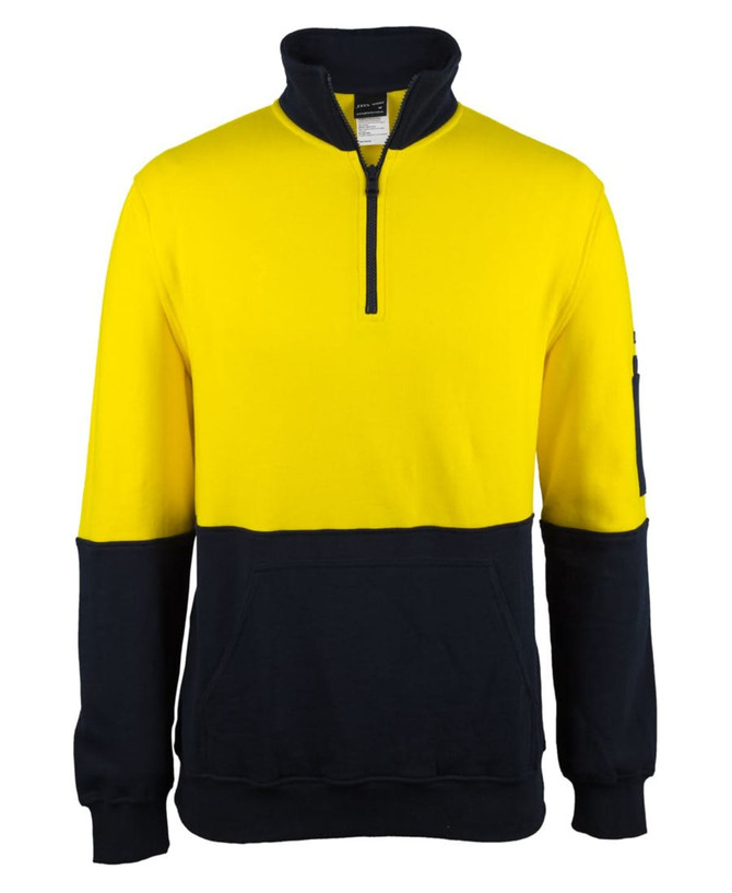 A half-zip fleece jumper in yellow and navy, featuring a front pocket and a side zip pocket, with a logo on the sleeve.