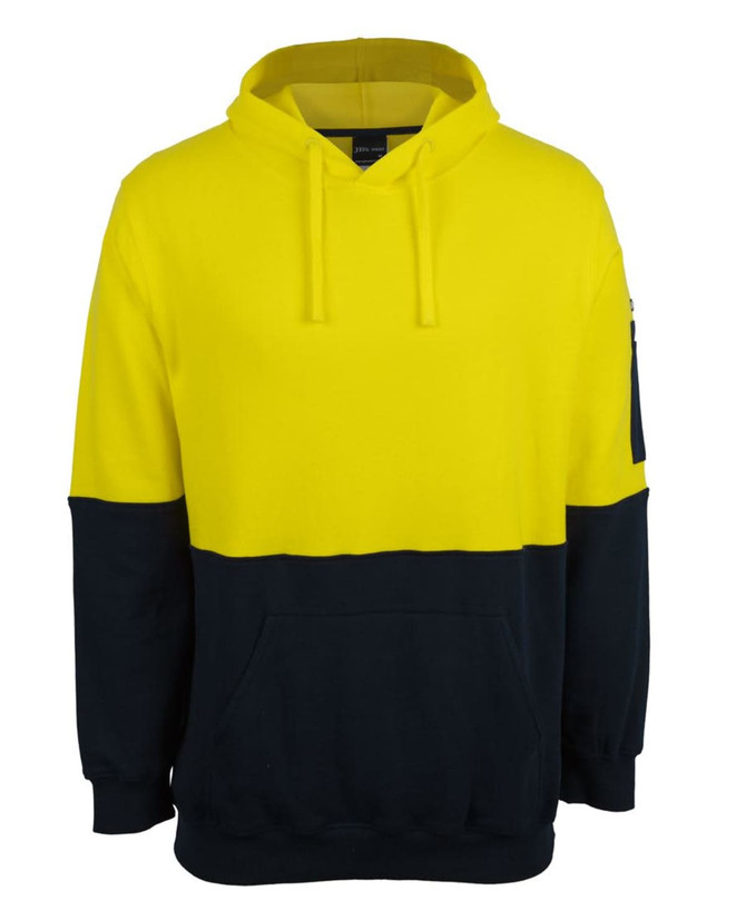 A two-tone hoodie featuring a bright yellow upper and dark navy lower, with a front pocket and a logo.