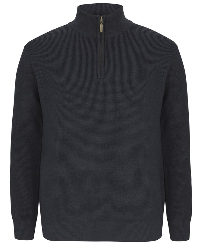 A chunky half-zip jumper in dark grey, featuring ribbed texture and a zip collar. It has a logo on it.