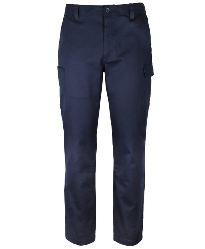 A pair of navy cargo pants featuring multiple pockets and a fitted design. The pants have a logo on them.