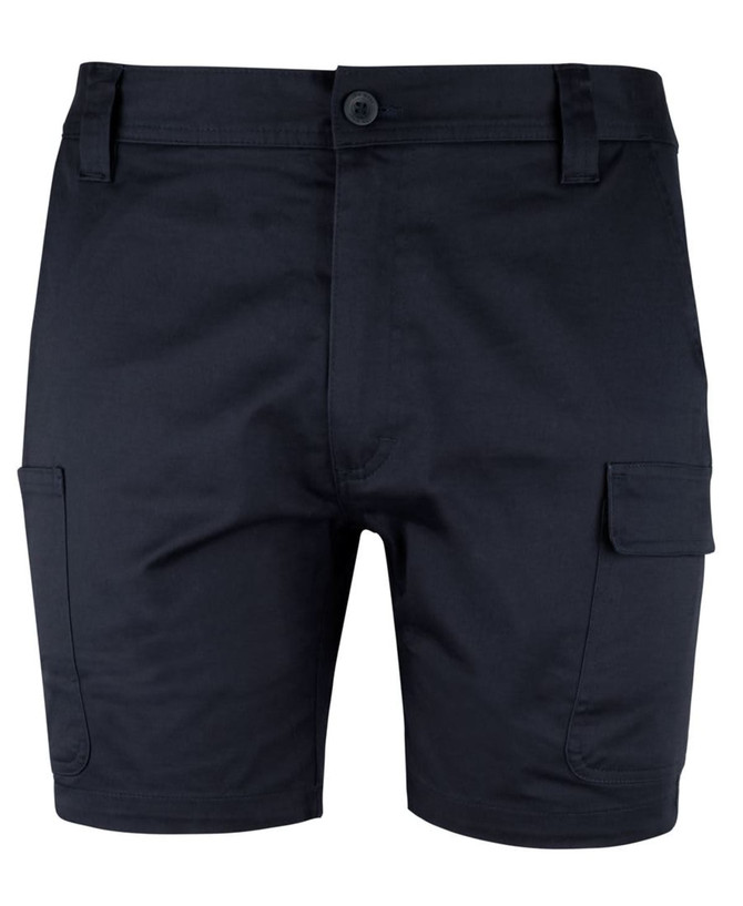 A pair of navy blue cargo shorts featuring multiple pockets and a button closure. Includes a logo.