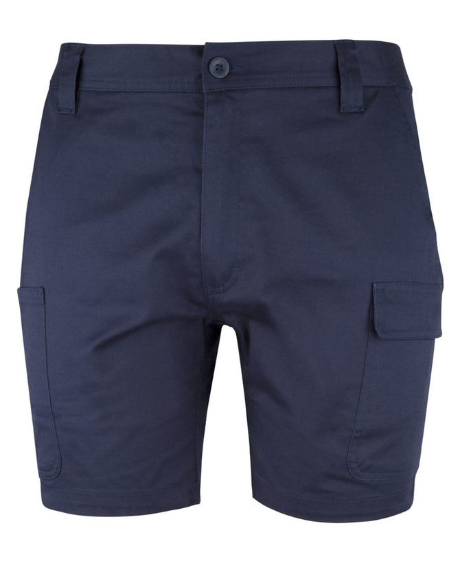 A pair of navy multi-pocket stretch twill shorts featuring side cargo pockets and a button closure.