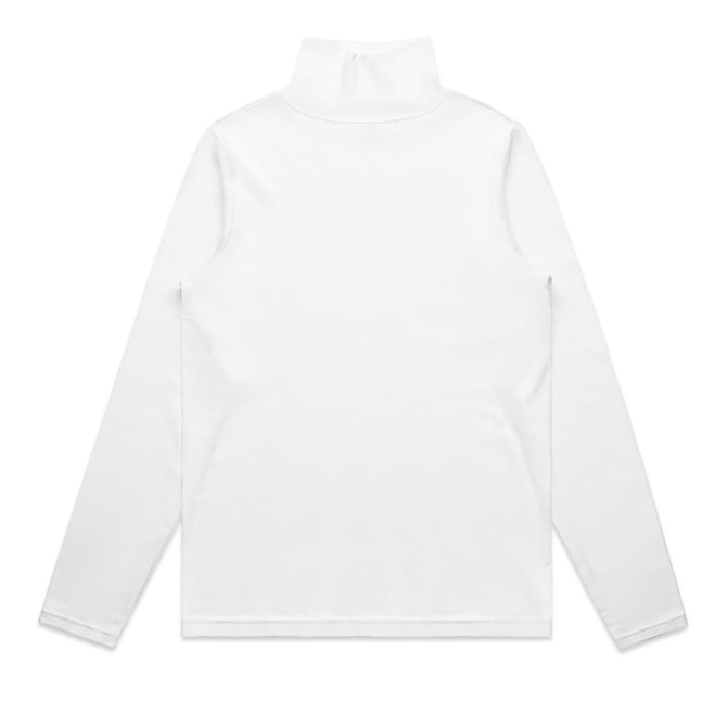 A white long-sleeve turtle neck jumper with a high collar, featuring a logo on the back.