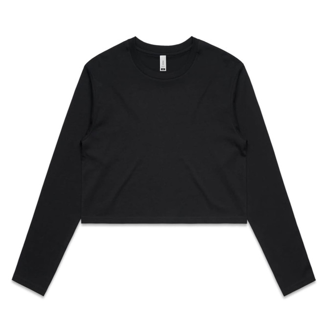 A black long-sleeve cropped t-shirt with a simple design and a logo.