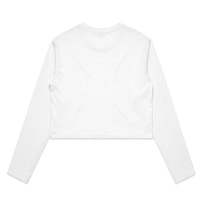 A white long-sleeve cropped tee with a simple design and back view. It features a branding logo.
