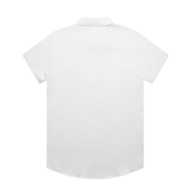 A white short-sleeve button-up shirt with a back yoke and a single central back seam. It features a collar and has a logo.