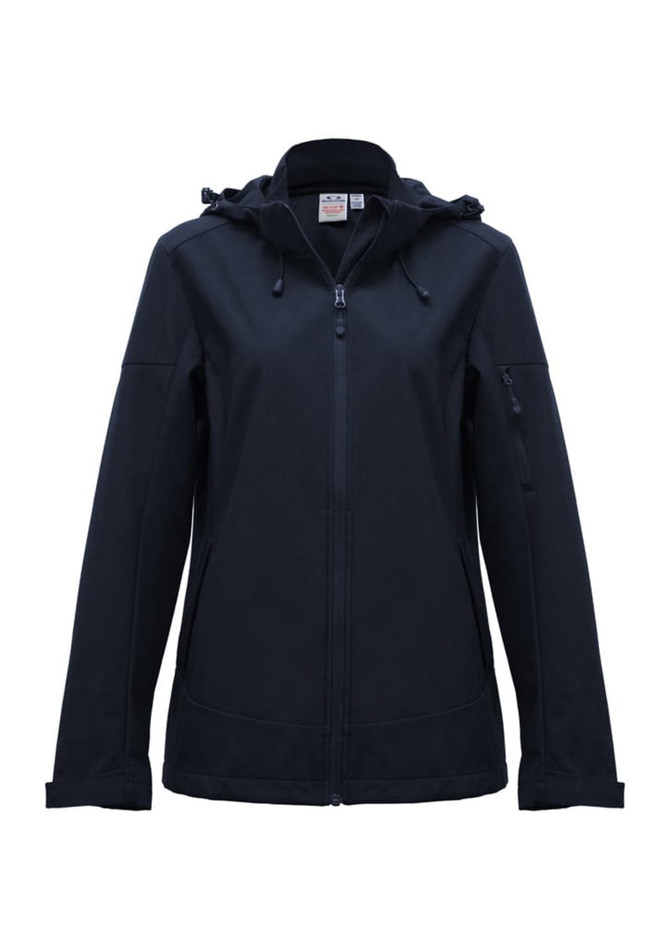 A women's jacket in black, featuring a hood and zippered pockets, with a logo present.