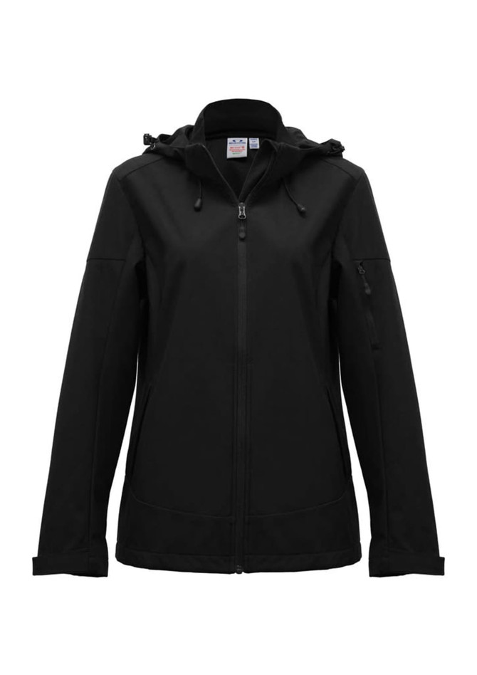 A black women's jacket with a hood, featuring a full zipper and side pockets, plus a branding logo.