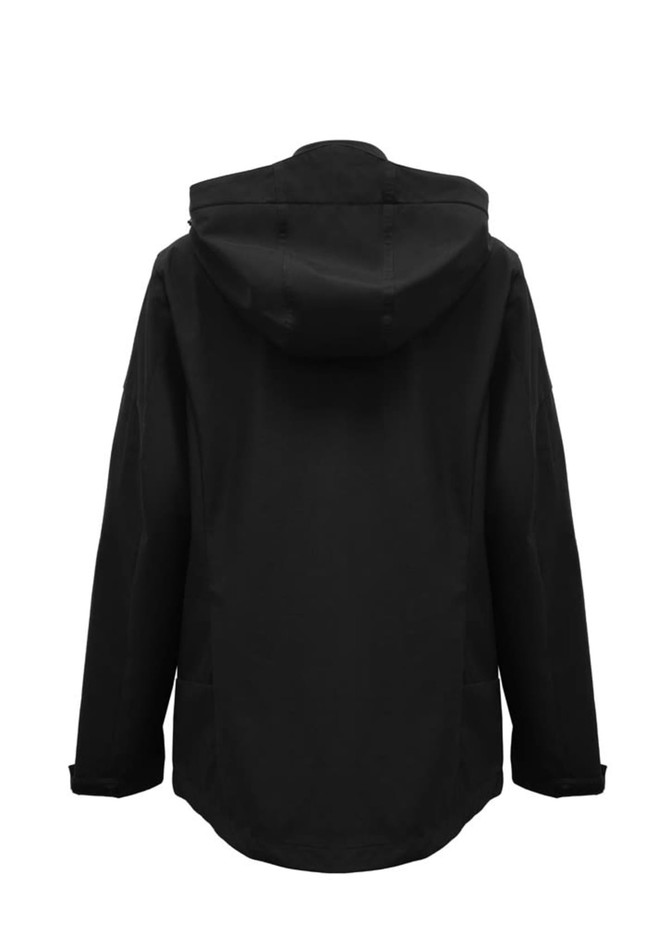 A black women's jacket with a hood and a simple design, featuring a logo. The back view displays its stylish silhouette.