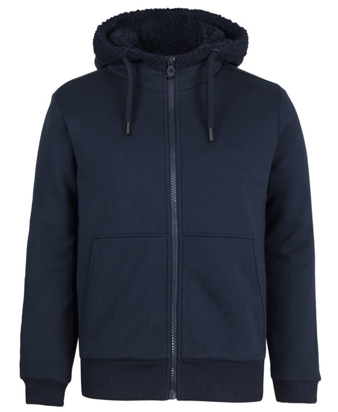 A navy blue full zip hoodie featuring a soft, lined hood and front pockets. It has a branding logo.