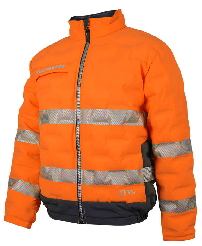 An orange puffer jacket with reflective strips and a black base, featuring a logo on the front.