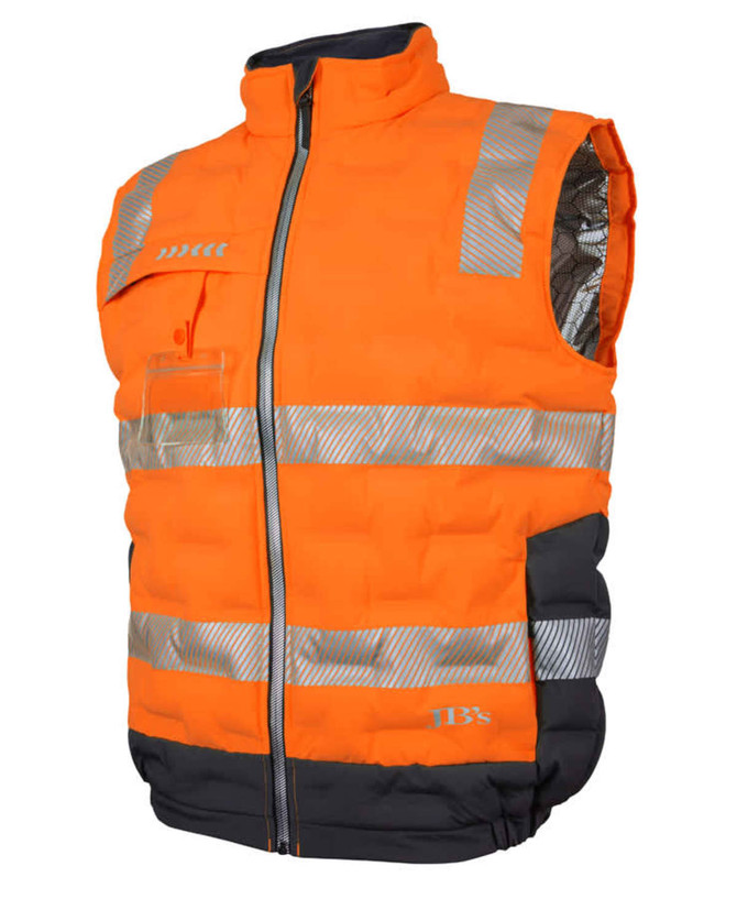 An orange puffer vest with reflective stripes and a black bottom, featuring a zippered front and a logo.