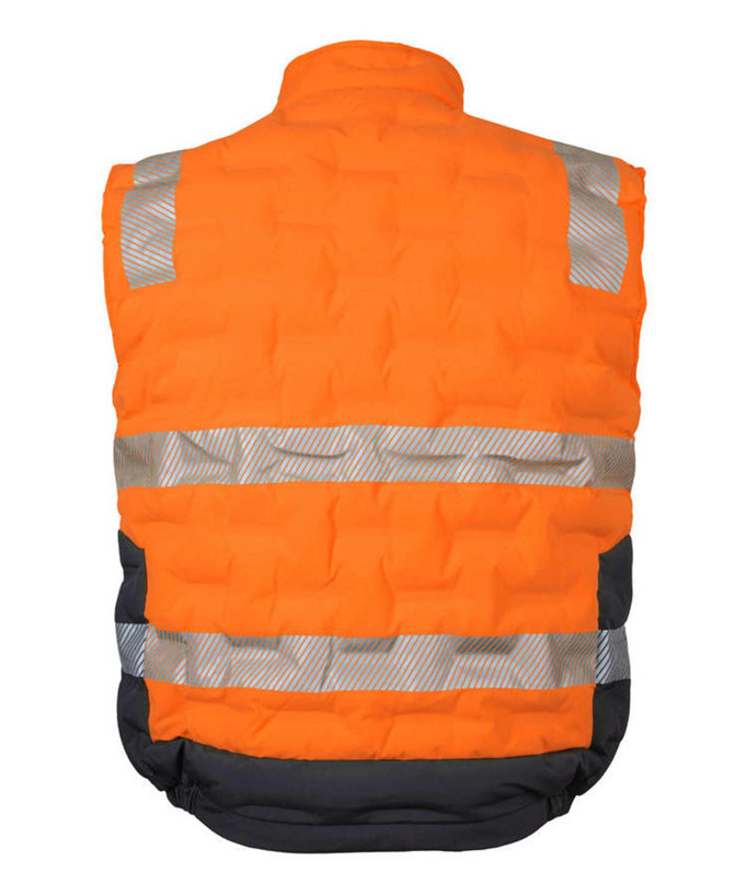An orange and black puffer vest featuring reflective strips and a logo on the back.