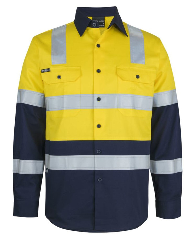 A long-sleeve safety shirt featuring reflective stripes in yellow and dark navy with a logo on the chest.