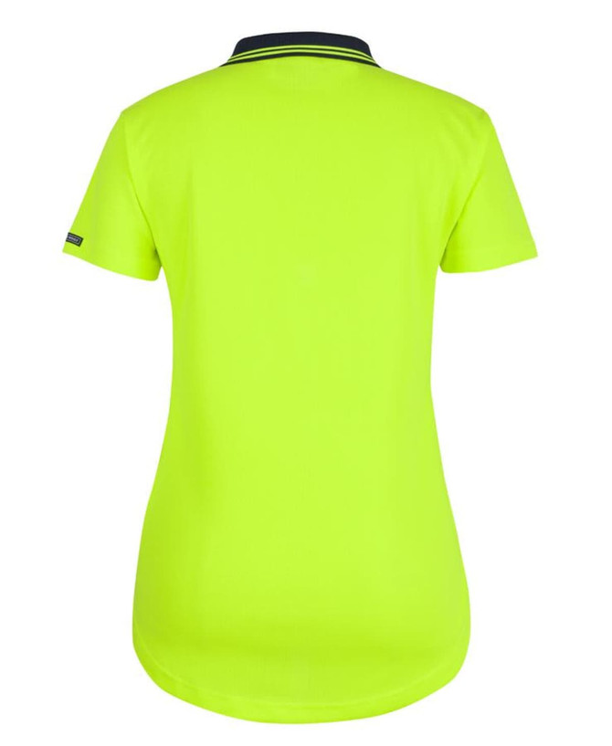 A bright lime green polo shirt with short sleeves and a drop tail design, featuring a logo on the sleeve.