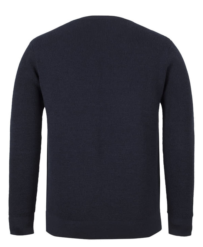 A chunky navy knitted jumper with a crew neck and long sleeves, featuring a back view and a plain design.