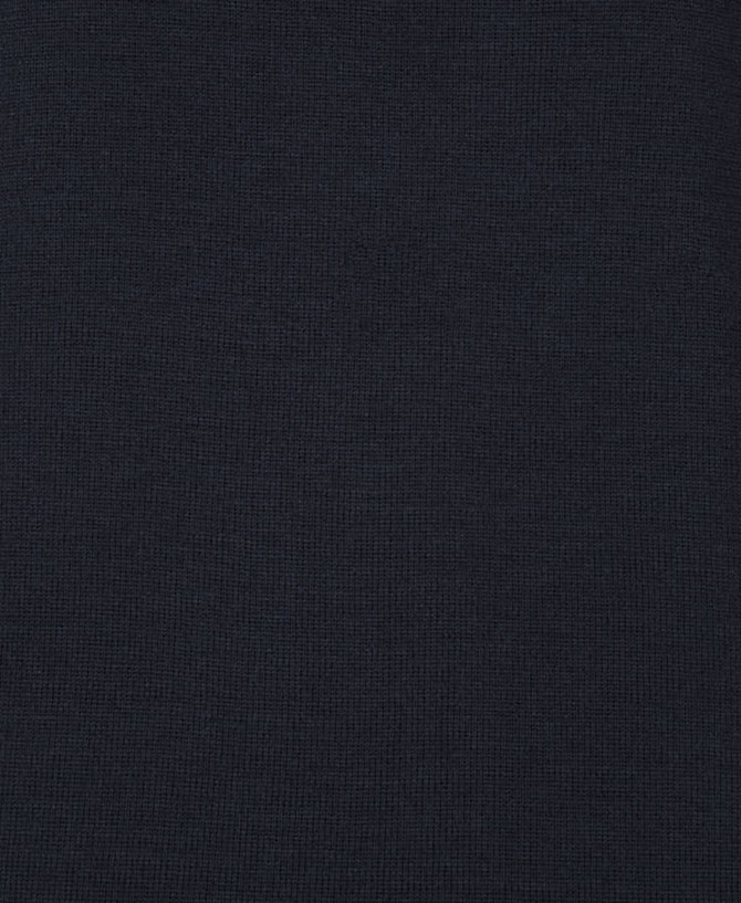 A dark navy cardigan with a textured fabric, featuring an antibacterial finish and a logo.