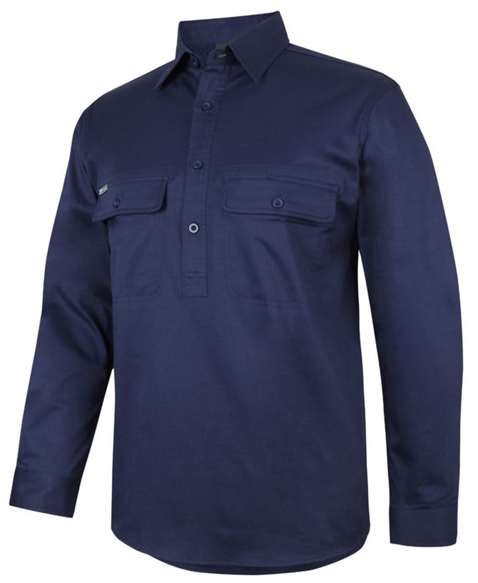 A navy long-sleeve work shirt with a close front, featuring two chest pockets and a logo.