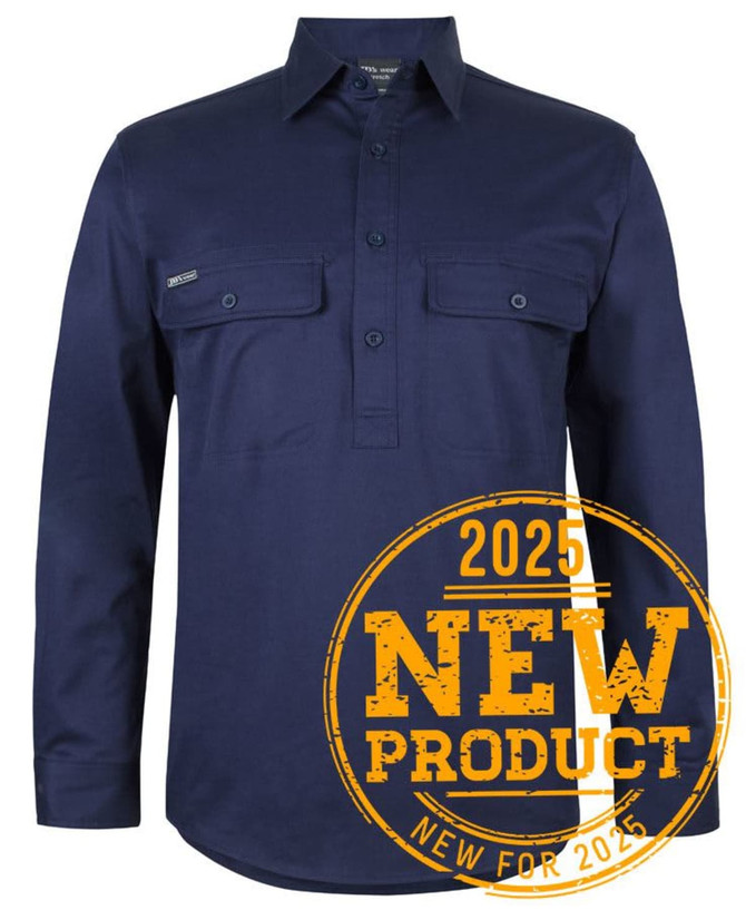 A navy long-sleeve work shirt with a close front and two chest pockets, featuring a branding logo.