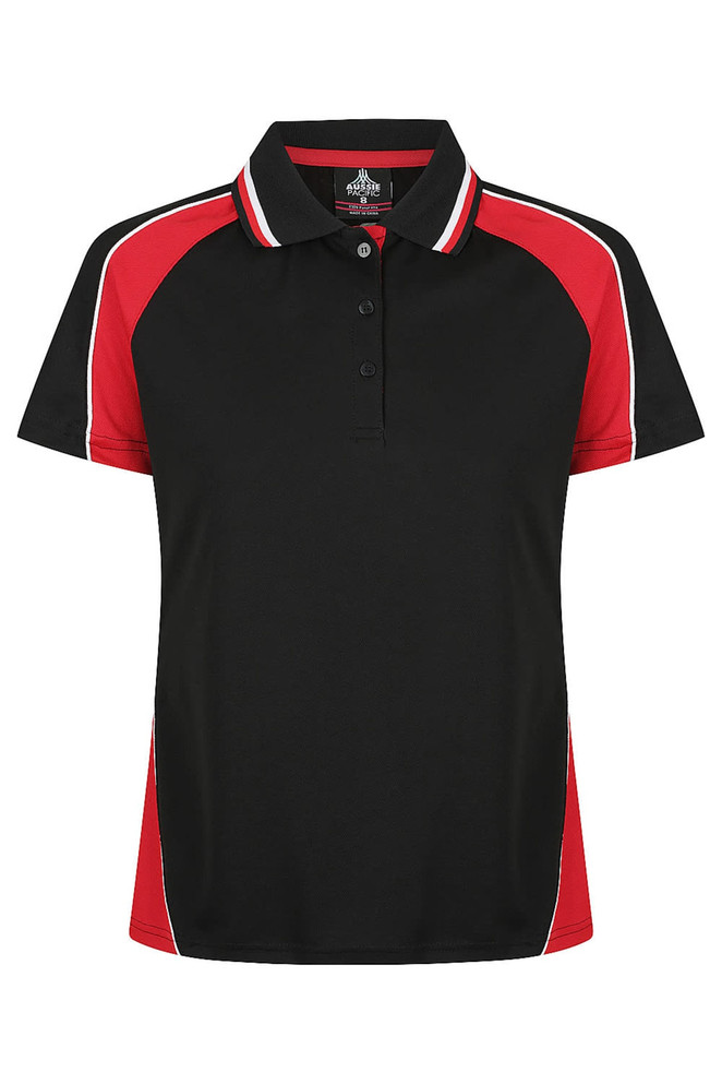 A black polo shirt with red accents and a logo, featuring a classic collar and short sleeves.