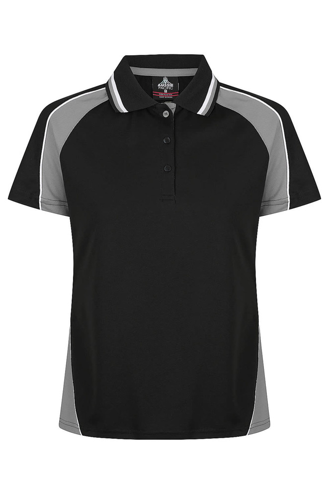 A black polo shirt with grey side panels and a collar, featuring a logo on the chest.