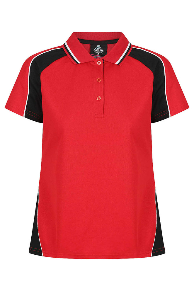 A red polo shirt with black accents, featuring a collar and buttons, and a logo on the label.