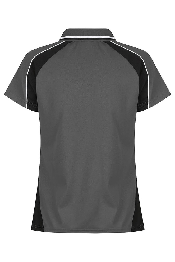 A grey polo shirt with black accents and a branding logo, featuring a classic collar and short sleeves.