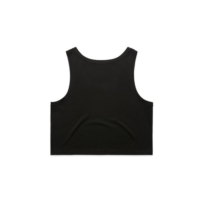 A black crop singlet featuring a simple, sleeveless design and a logo on the back.