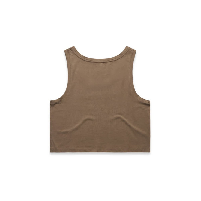 A brown crop singlet featuring a simple design and a plain back, with a logo present.