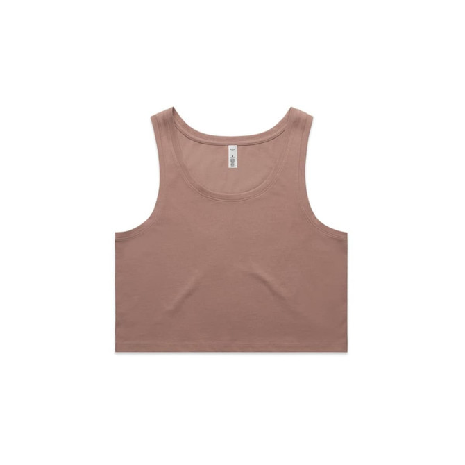 A cropped singlet in a soft brown colour with a round neckline and a label, featuring a logo.