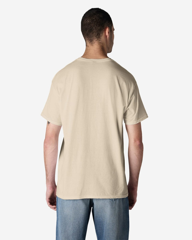 A light beige Gildan cotton t-shirt displayed from the back, featuring a plain design and short sleeves.