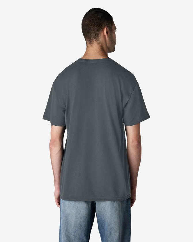 A grey Gildan Light Cotton T-Shirt displayed from the back, featuring a simple design and a casual fit.