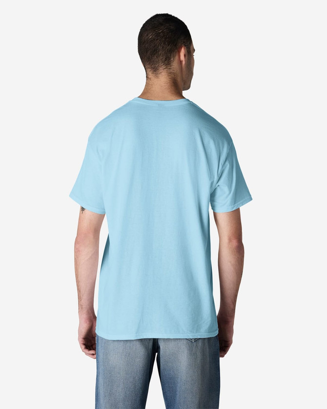 A light blue Gildan cotton t-shirt displayed from the back, featuring a plain design and short sleeves.