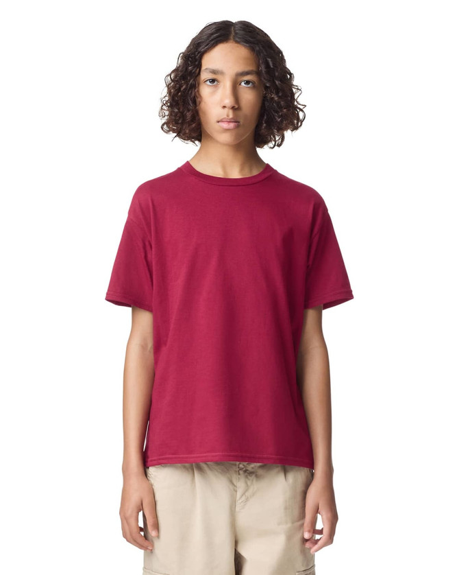 A maroon youth T-shirt with a crew neckline and short sleeves, featuring a subtle logo on the front.