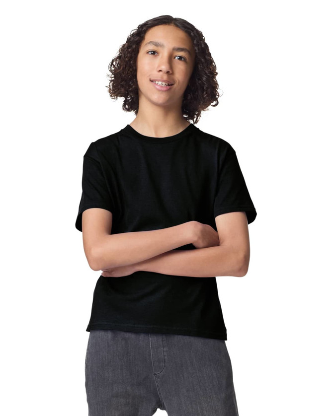 A black youth t-shirt with a crew neck and short sleeves, featuring a branding logo.