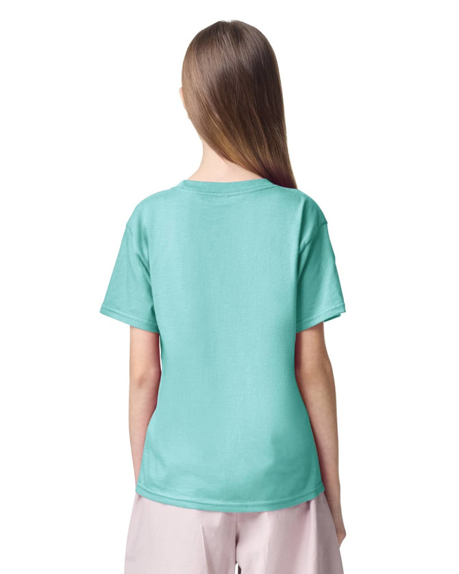A mint green youth t-shirt featuring short sleeves and a simple design, shown from the back. It has a logo.
