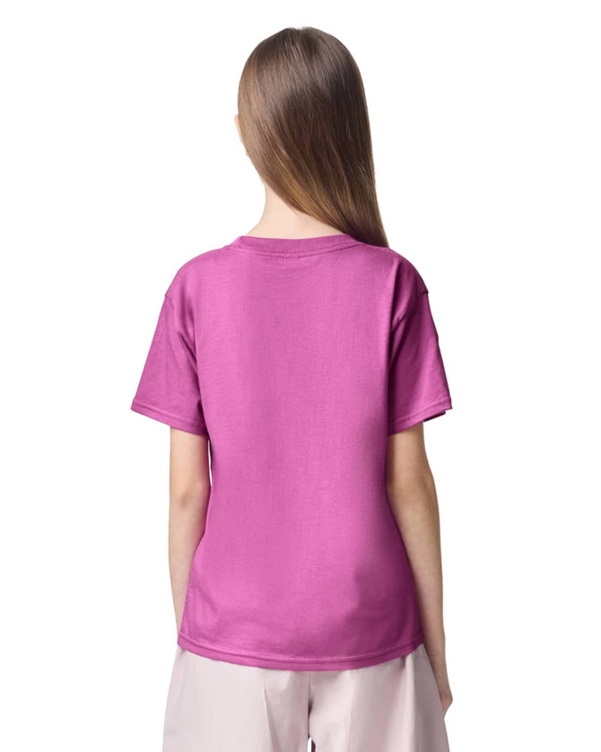 A pink youth t-shirt with short sleeves and a plain back, featuring a logo on the upper back.