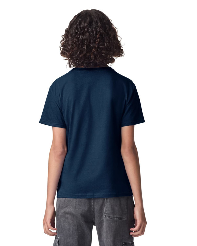 A youth t-shirt in navy blue, featuring a classic crew neck and short sleeves, with a plain back.