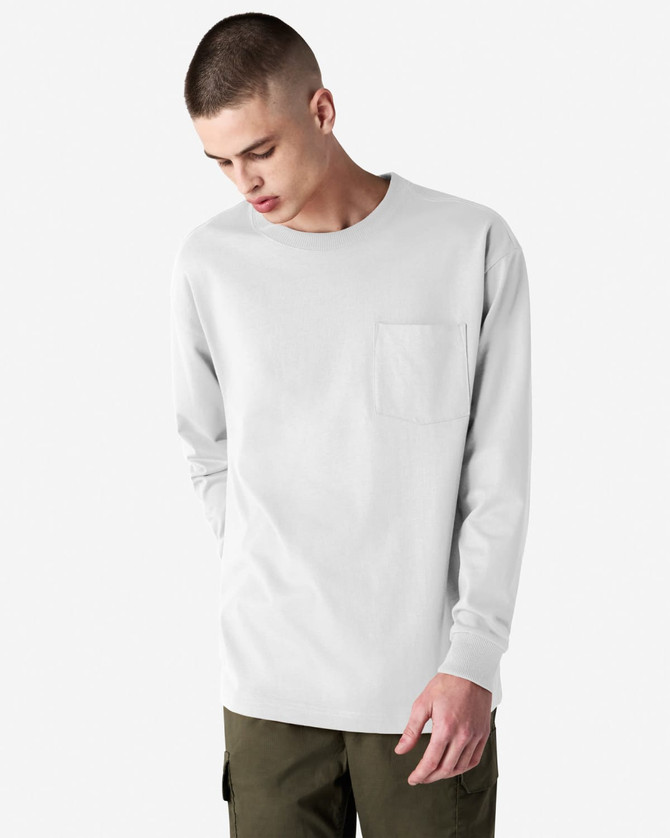 A light grey long-sleeve T-shirt with a single chest pocket, featuring a brand logo on the shirt.