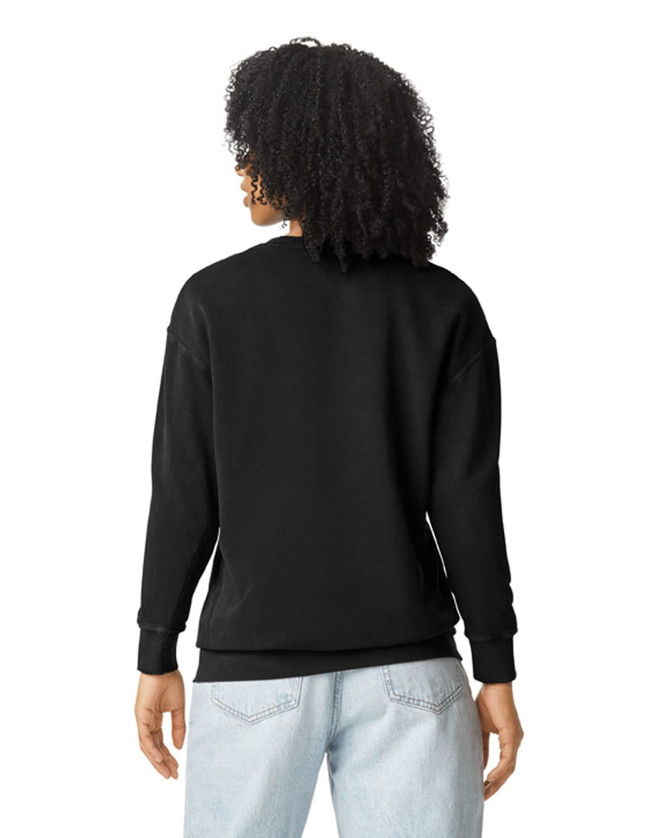 A lightweight crewneck sweatshirt in black, featuring a back view and a relaxed fit. The design includes a logo.